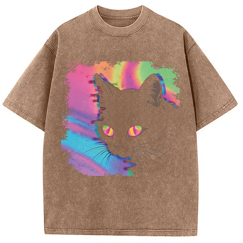 Modecanvas Psychedelic Weirdcore Cat DTG Printing Washed T-Shirt-modecanvas