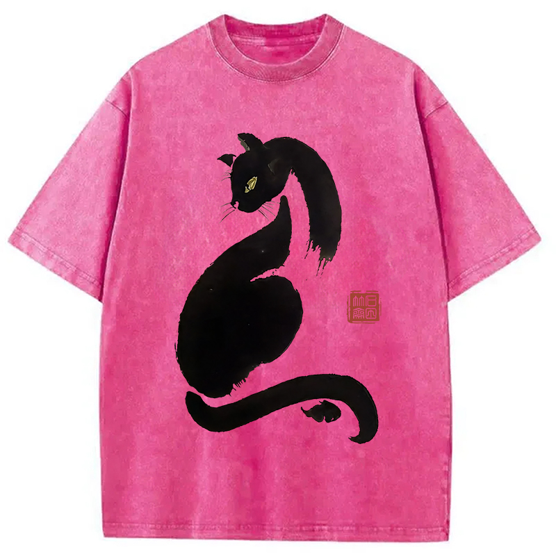 Modecanvas Elegant Black Cat Japan Washed T-Shirt