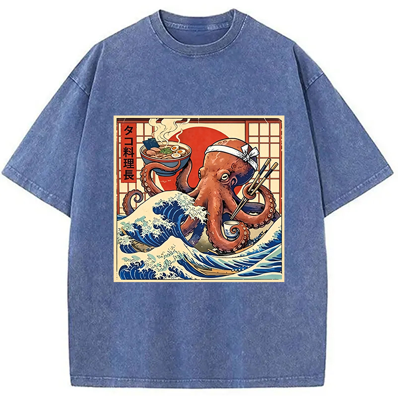 Modecanvas Ukiyo-E Octopus Ramen DTG Printing Washed T-Shirt