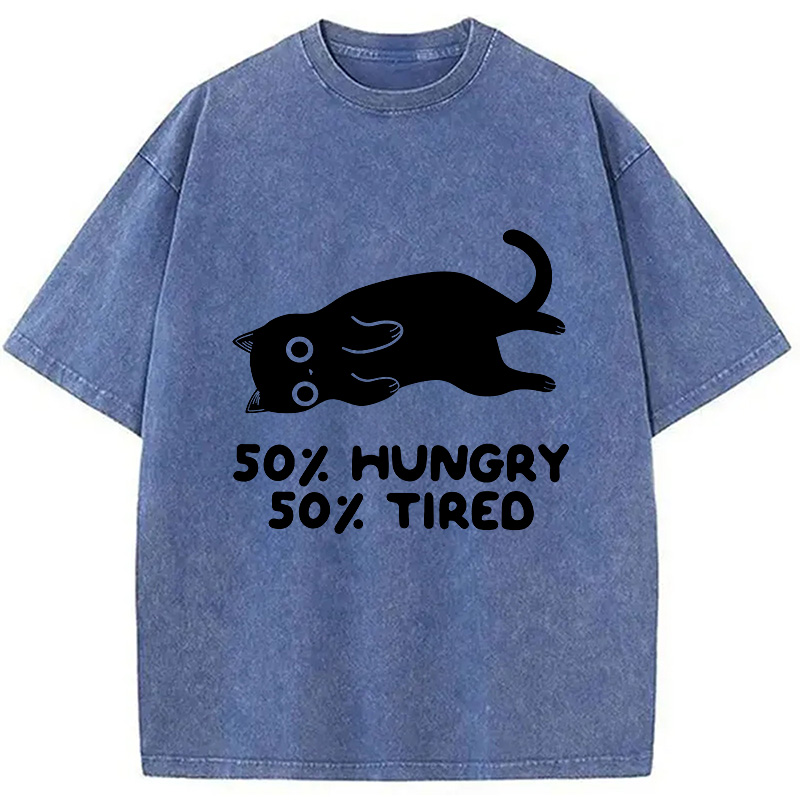 Modecanvas Hungry Tired Black Cat Funny Washed T-Shirt