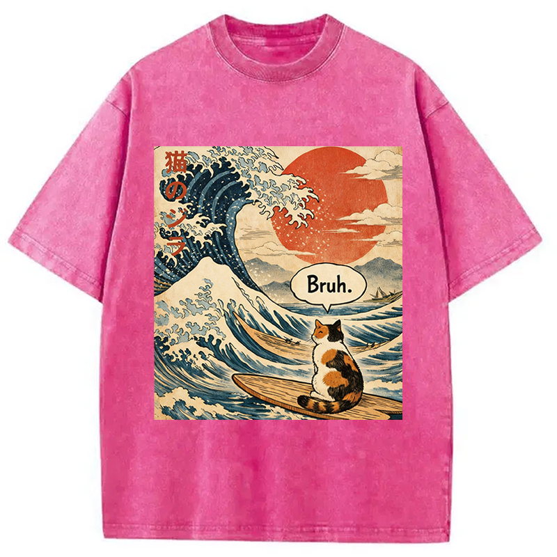Modecanvas Bruh. The Great Wave Japanese Surfing Cat DTG Printing Washed T-Shirt