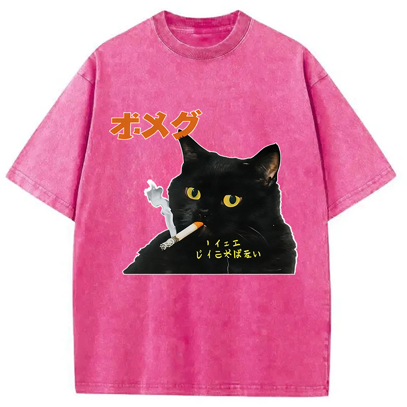 Modecanvas Smoking Cat Japanese DTG Printing Washed T-Shirt