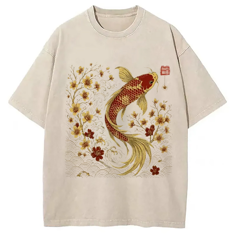 Modecanvas Vintage Sakura And Koi Washed T-Shirt-modecanvas