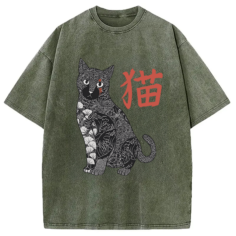 Modecanvas Tattooed Cat Japanese Vintage Washed T-Shirt