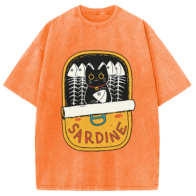 Modecanvas Sardine and Cat DTG Printing Washed T-Shirt