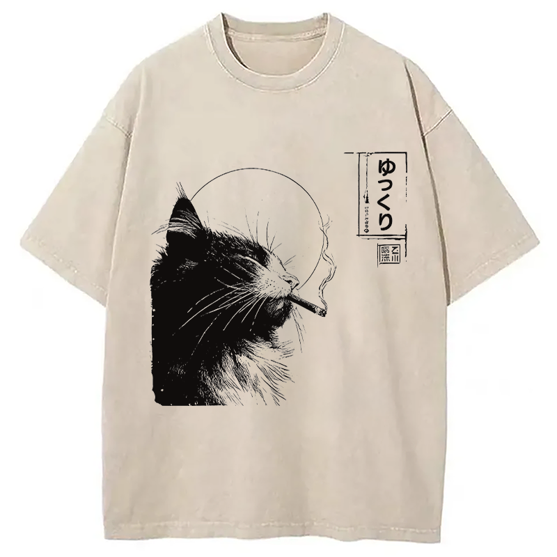 Modecanvas Stay Chill Smoking Cat DTG Printing Washed T-Shirt-modecanvas