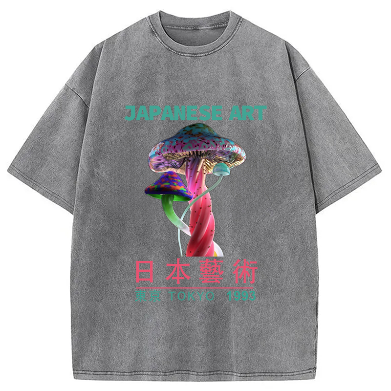 Modecanvas Psychedelic Mushrooms Japanese Art Washed T-Shirt