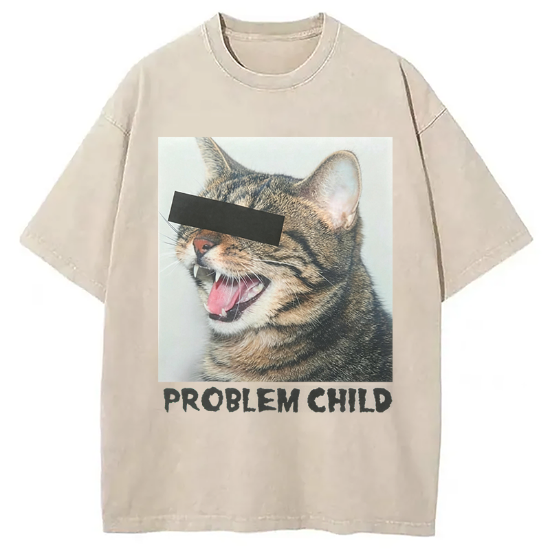 Modecanvas Problem Child Cat Washed T-Shirt-modecanvas
