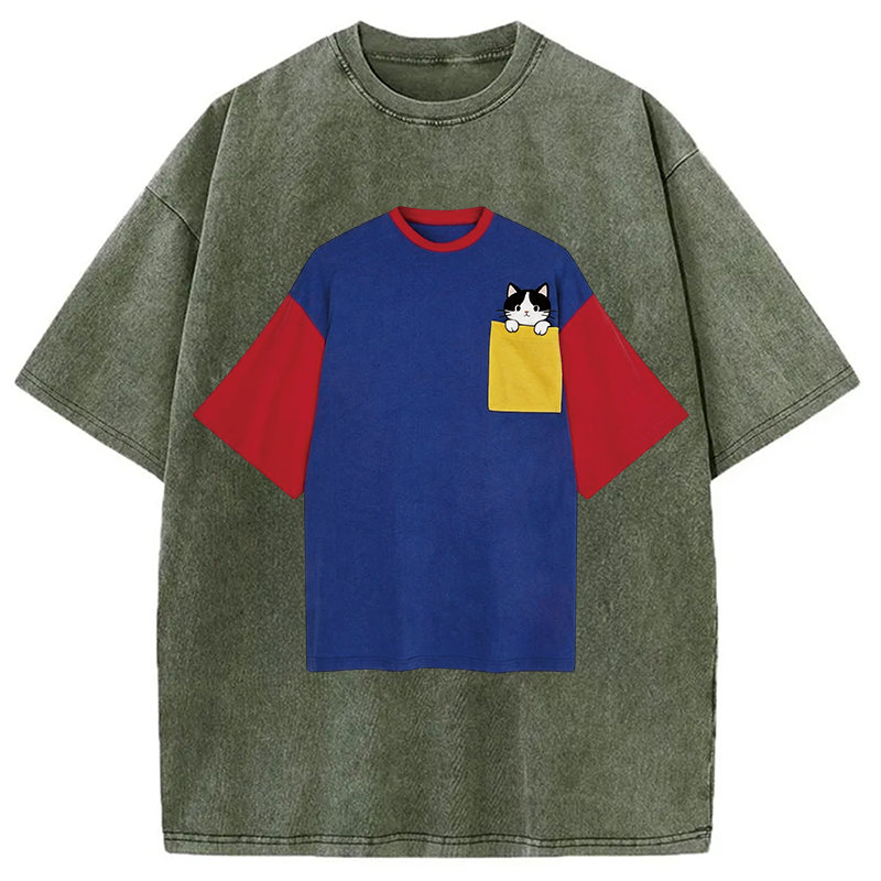 Modecanvas Color-blocked Shirt Of DTG Printing Washed T-Shirt