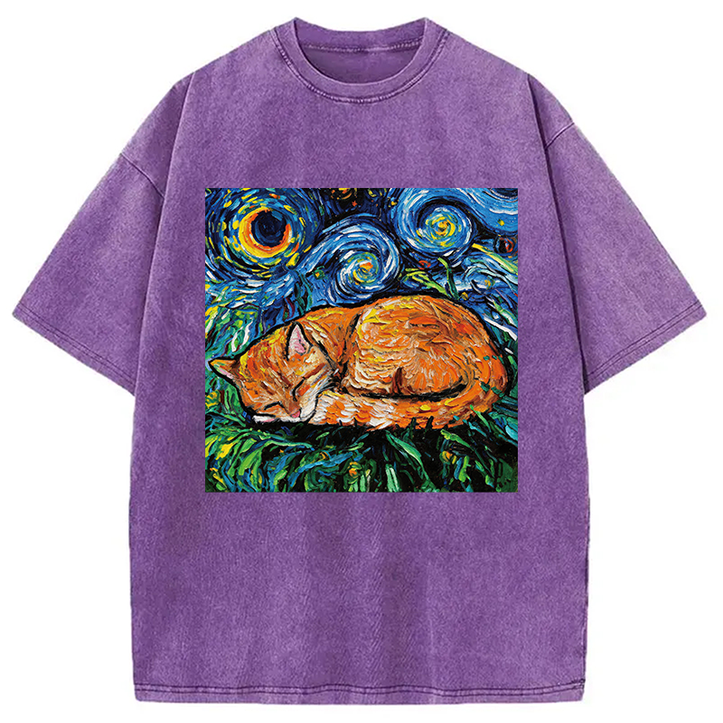 Modecanvas Orange Tabby Night full DTG Printing Washed T-Shirt