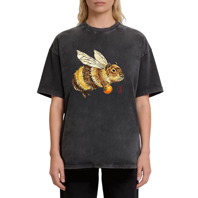 Modecanvas Funny Capybara Bee Meme DTG Printing Washed T-Shirt