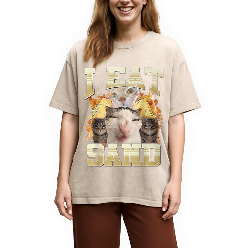 Modecanvas I Eat Sand Cat Meme DTG Printing Washed T-Shirt