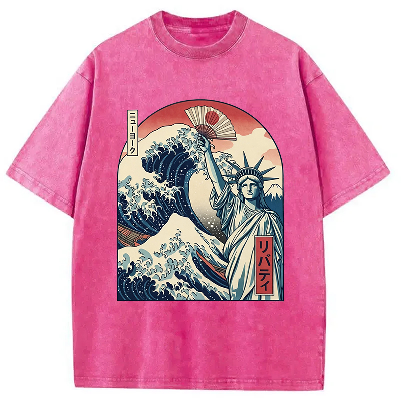 Modecanvas Ukiyo-e Statue Of Liberty DTG Printing Washed T-Shirt
