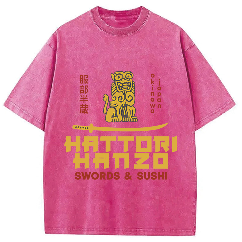 Modecanvas intage Japanese Samurai Sword Action Kill Washed T-Shirt