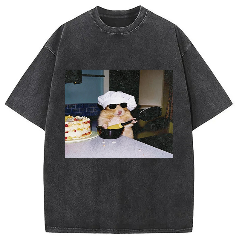 Modecanvas Vintage Chef Hamster Cooking Meme DTG Printing Washed T-Shirt