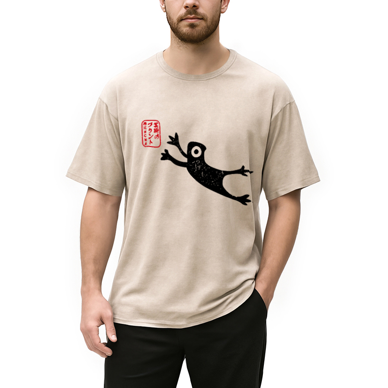 Modecanvas Funny Grumpy Japanese Frog Washed T-Shirt