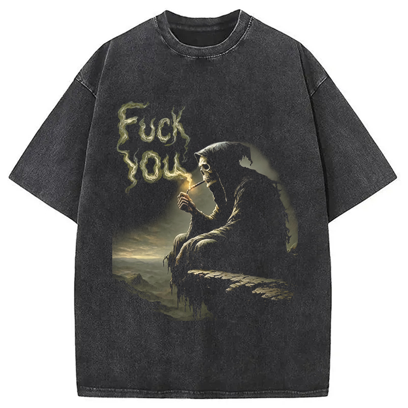 Modecanvas Grim Reaper Fu*k You DTG Printing Washed T-Shirt-modecanvas