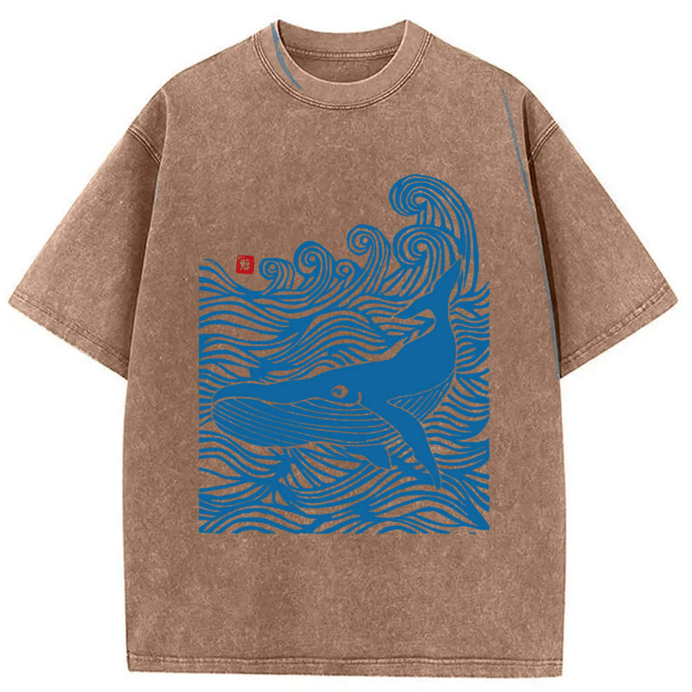 Modecanvas Woodcut Whale Washed T-Shirt-modecanvas