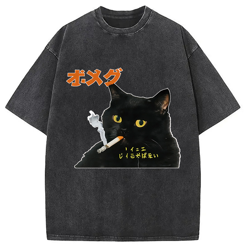 Modecanvas Smoking Cat Japanese DTG Printing Washed T-Shirt