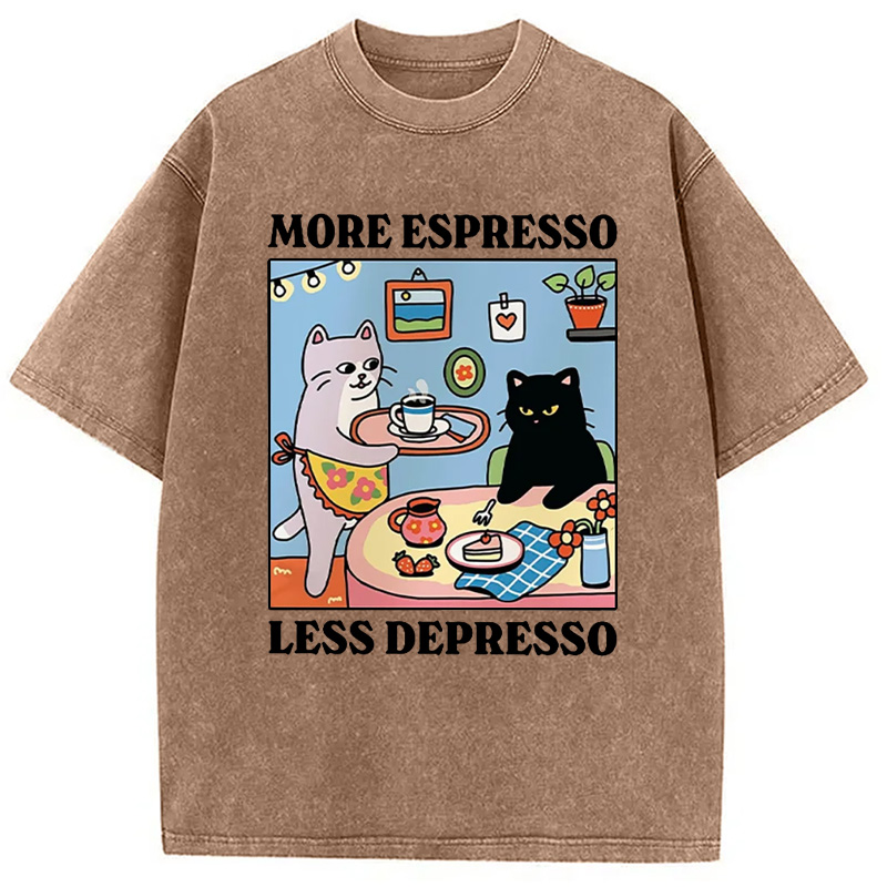Modecanvas More Espresso Less Depresso Black Cat Kitchen Washed T-Shirt