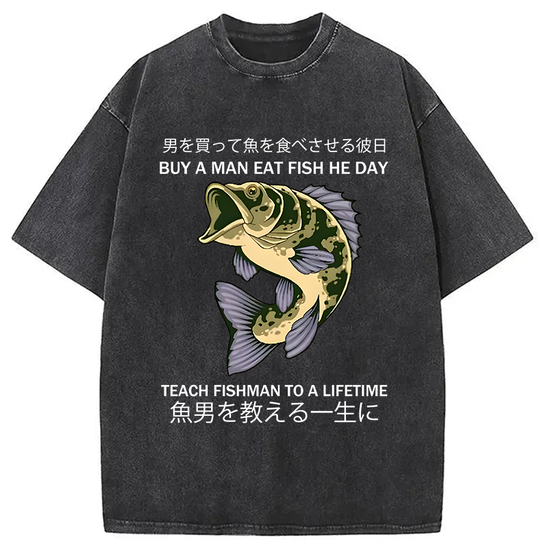 Modecanvas Teach A Man To Fish Washed T-Shirt-modecanvas