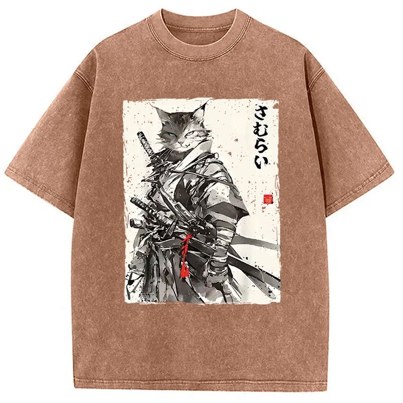 Modecanvas Retro Japanese Cat Samurai Washed T-Shirt