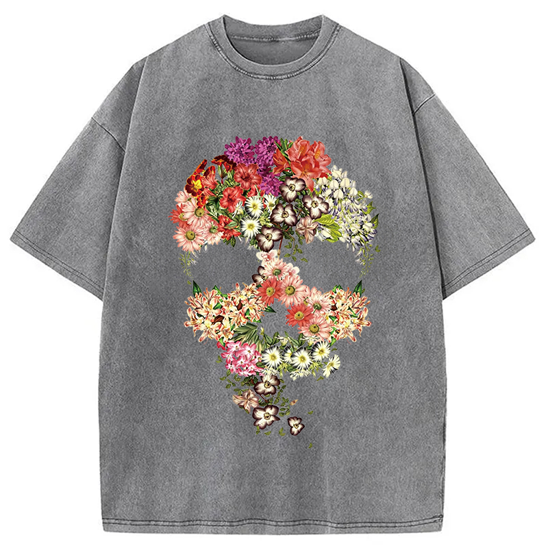 Modecanvas Skull Floral DTG Printing Washed T-Shirt