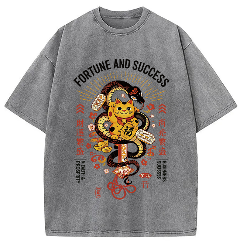 Modecanvas Fortune And Success Maneki Neko DTG Printing Washed T-Shirt