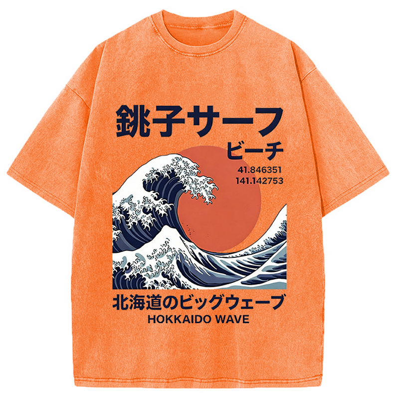 Modecanvas Hokkaido Wave Poster DTG Printing Washed T-Shirt