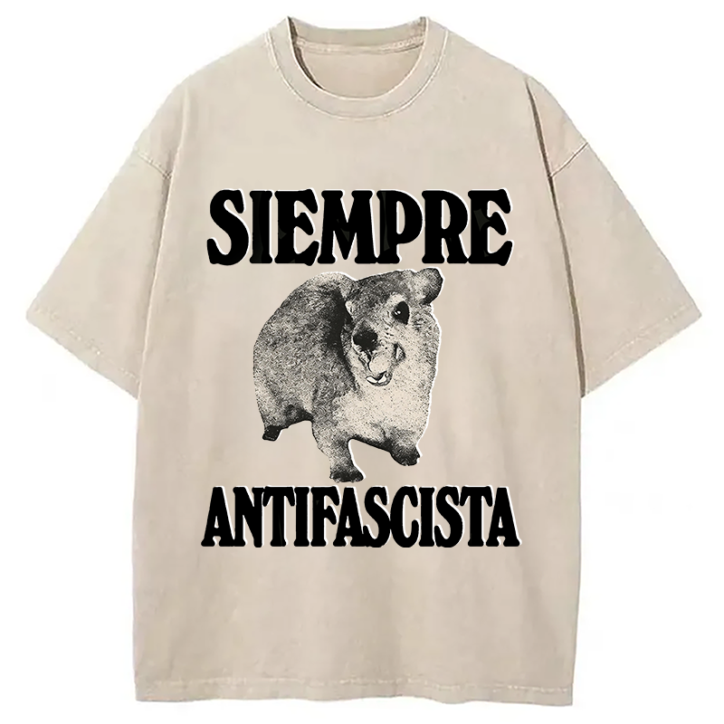 Modecanvas Siempre Antifascista Funny Rock Hyrax Meme DTG Printing Washed T-Shirt