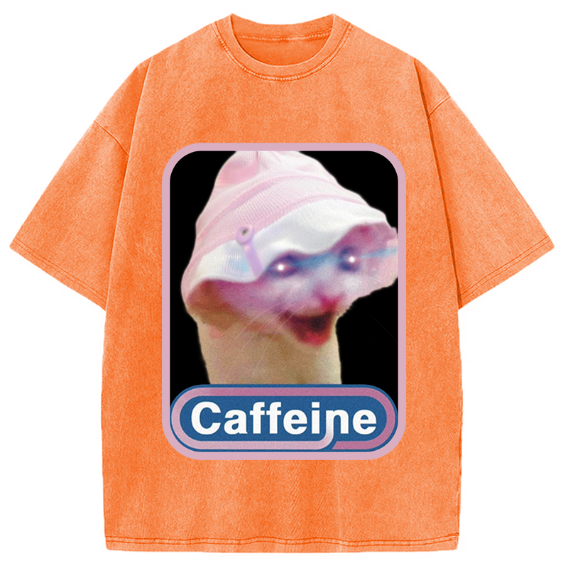 Modecanvas Caffeine Hat Cat Funny Meme Washed T-Shirt
