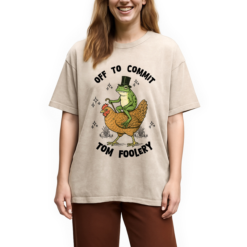 Modecanvas Frog Riding Chicken Funny Sarcastic Meme Washed T-Shirt