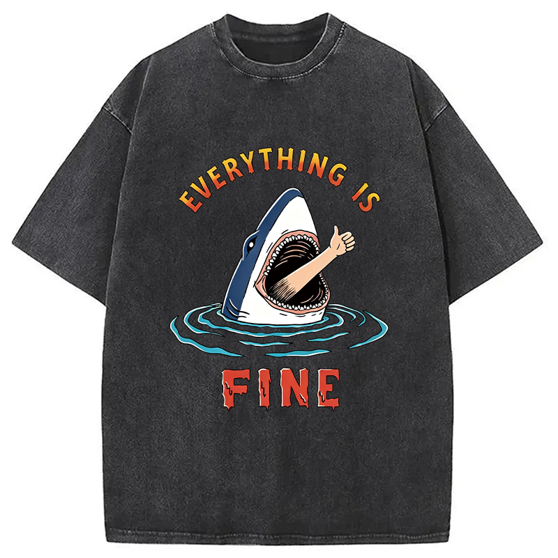 Modecanvas Everything Is Fine Shark DTG Printing Washed T-Shirt
