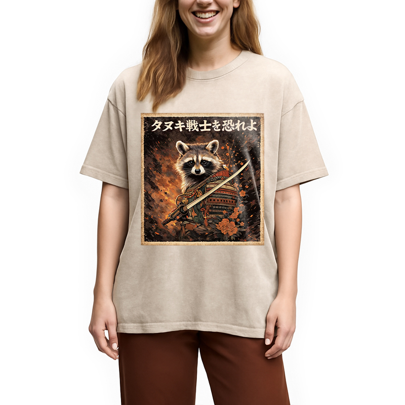 Modecanvas Japanese Raccoon Samurai Funny DTG Printing Washed T-Shirt