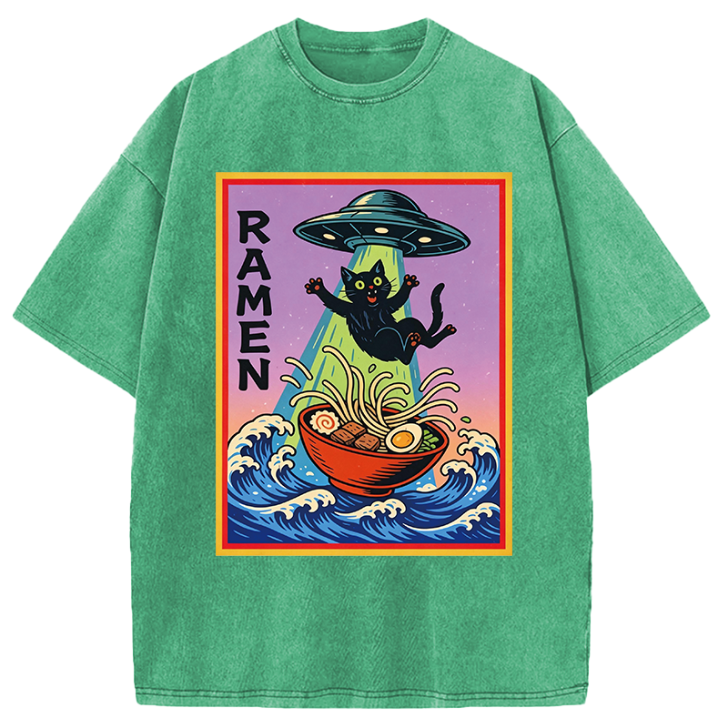 Modecanvas UFO Catching the Ramen Black Cat DTG Printing Washed T-Shirt