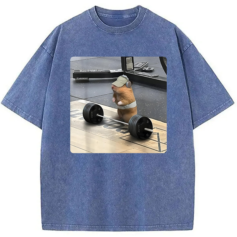Modecanvas Funny Cute Rat Weightlifting Meme Washed T-Shirt-modecanvas