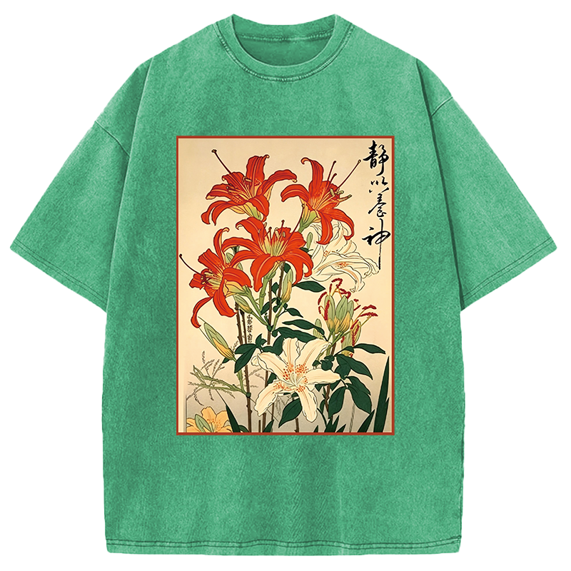 Modecanvas Red And White Lilies DTG Printing Washed T-Shirt