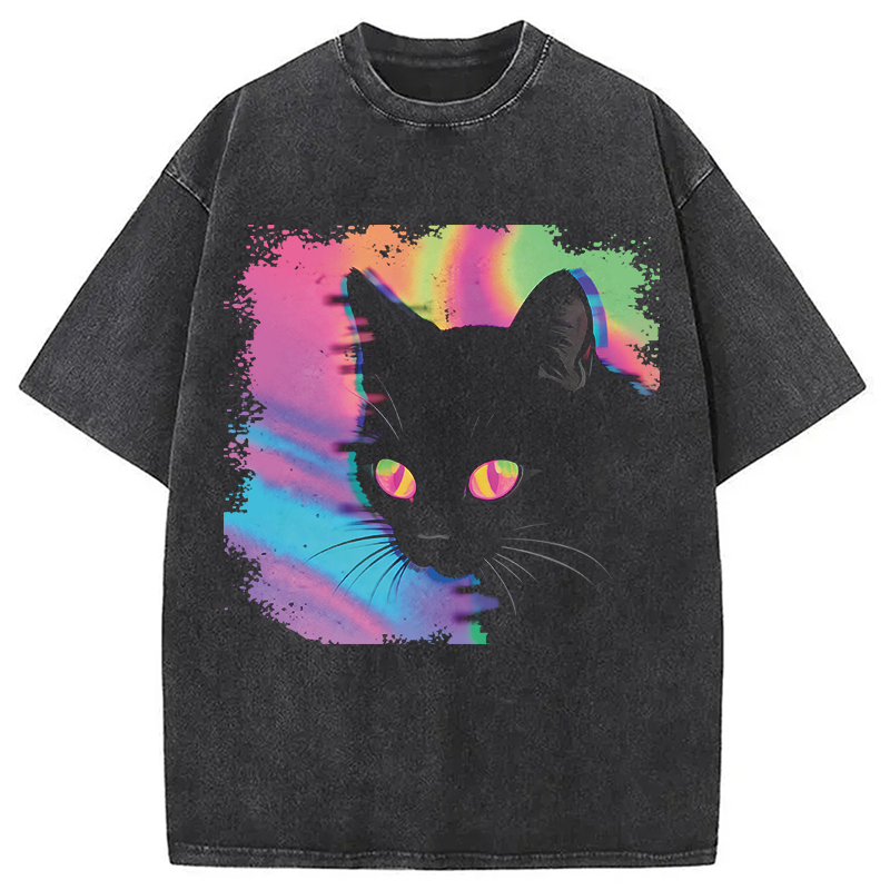 Modecanvas Psychedelic Weirdcore Cat DTG Printing Washed T-Shirt-modecanvas