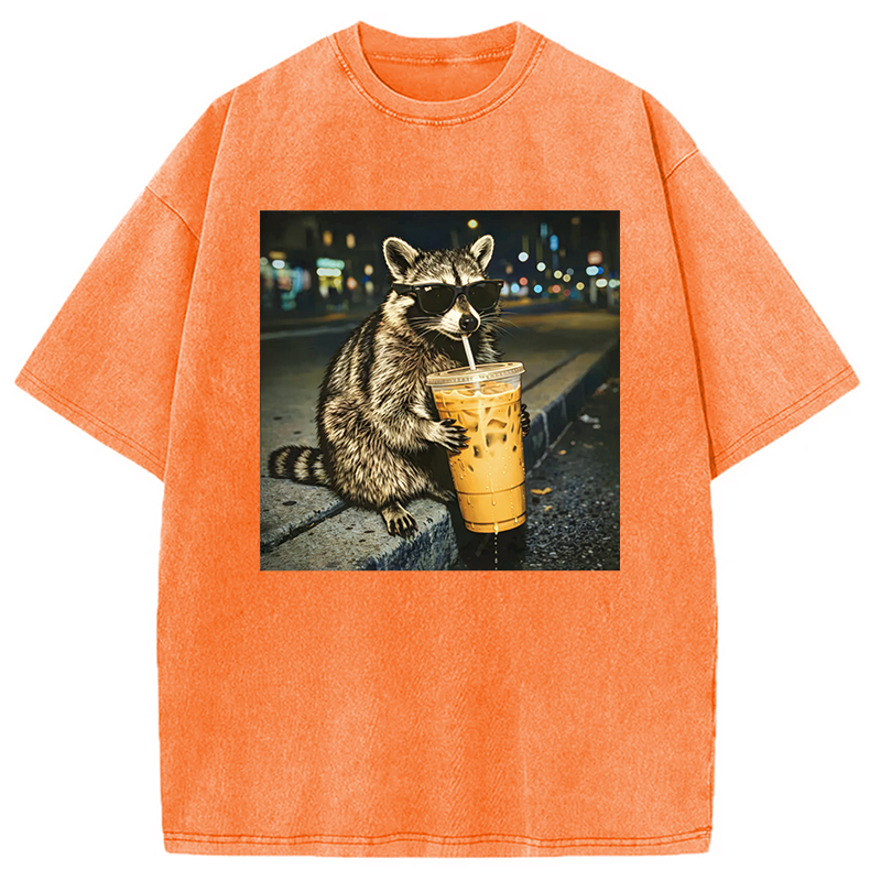 Modecanvas Racoon with a Ice Coffee Washed T-Shirt-modecanvas