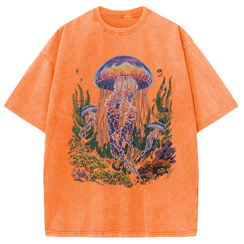 Modecanvas Vintage Jellyfish Dark Ocean Grunge DTG Printing Washed T-Shirt
