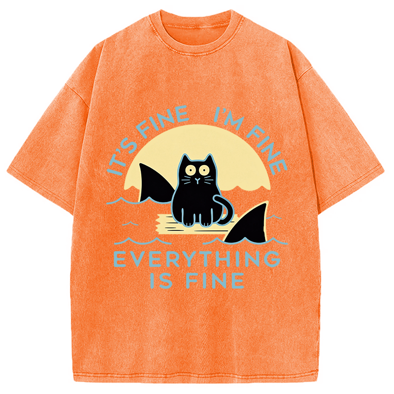 Modecanvas Everything Is Fine Cat Sea DTG Printing Washed T-Shirt