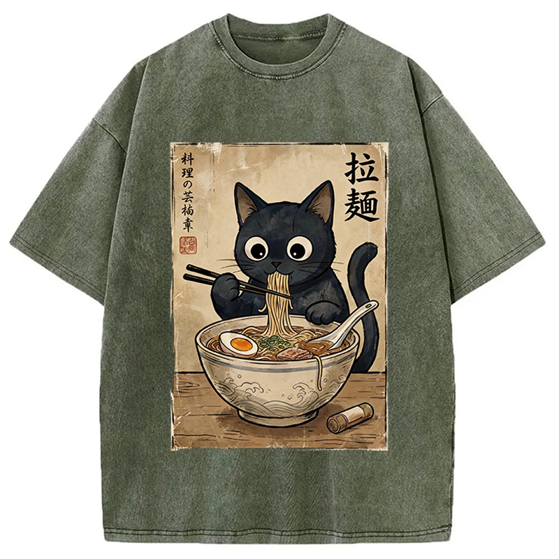 Modecanvas Kawaii Ramen Cat Retro DTG Printing Washed T-Shirt