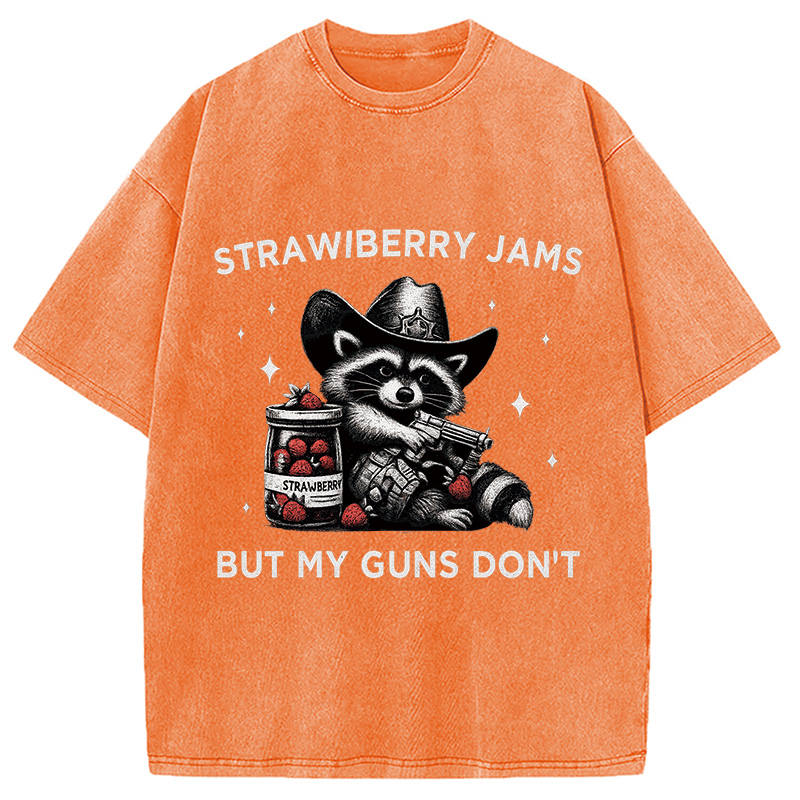 Modecanvas Strawberry Jams Funny Raccoon Cowboy Washed T-Shirt