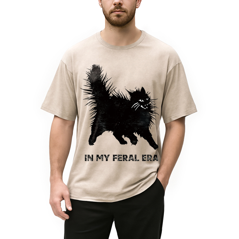 Modecanvas Wild Black Cat DTG Printing Washed T-Shirt