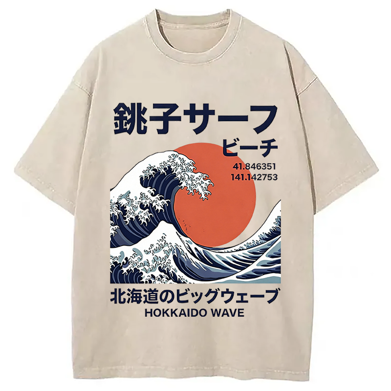 Modecanvas Hokkaido Wave Poster DTG Printing Washed T-Shirt