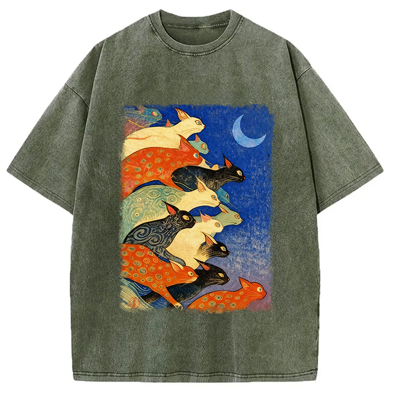 Modecanvas Colorful Flowing Cats Washed T-Shirt