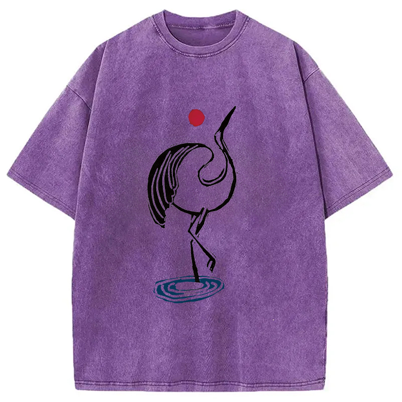 Modecanvas Japanese Crane Linocut DTG Printing Washed T-Shirt-modecanvas
