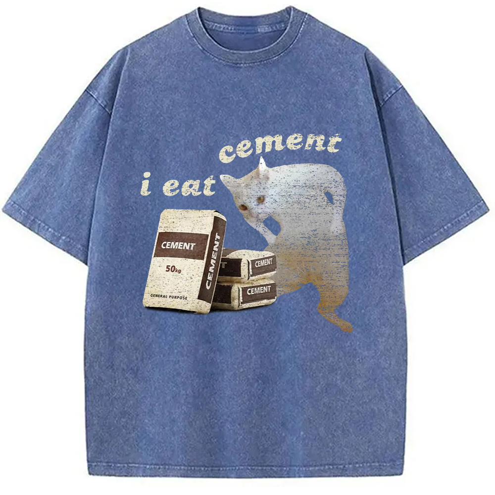 Modecanvas I Eat Cement White Cat Washed T-Shirt