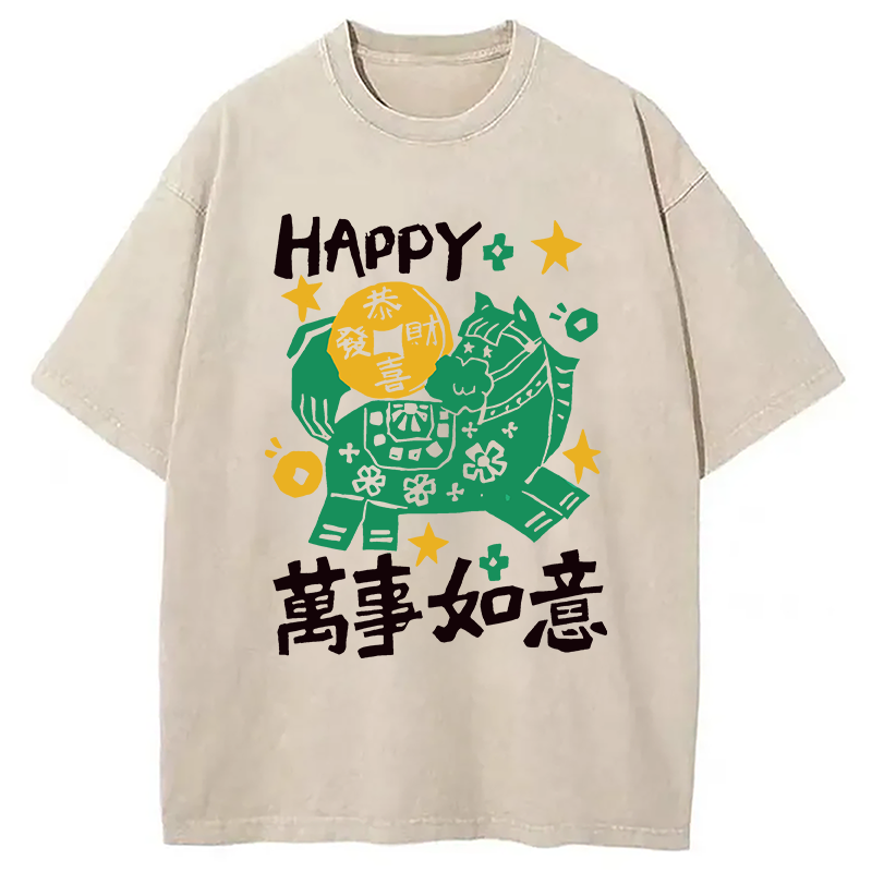 Modecanvas Happy Horse Best Wishes DTG Printing Washed T-Shirt-modecanvas