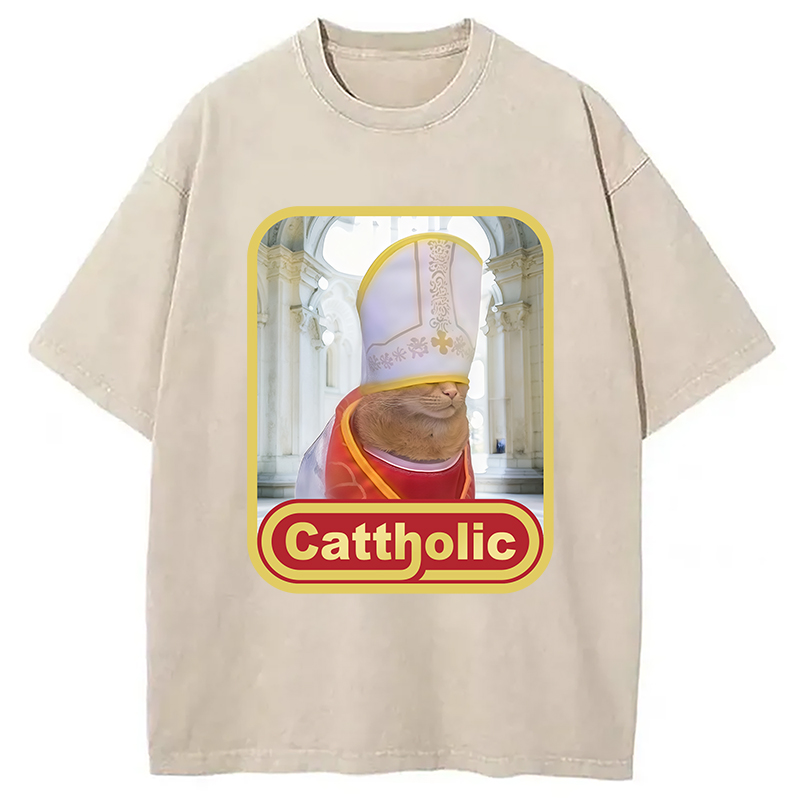 Modecanvas Cattholic Cat Funny Washed T-Shirt